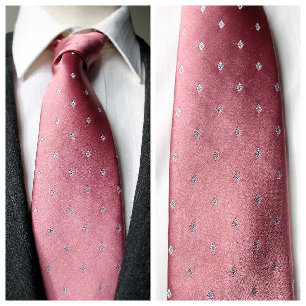 Vintage Etienne Aigner Cranberry Pink Blue & White Embroidered Diamond Silk Tie